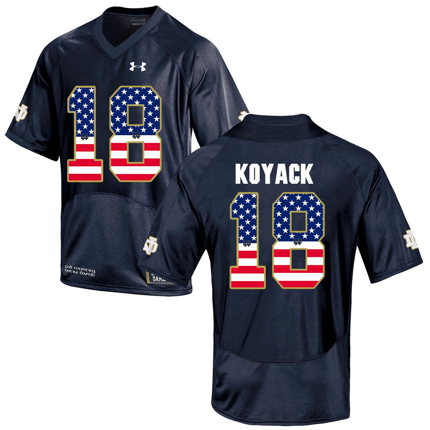 Men Norte Dame Fighting Irish 18 Koyack Navy Blue Flag Customized NCAA Jerseys